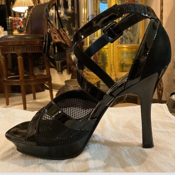Bebe Black Leather Strappy Sandals Stiletto Heels Size 8 "Fetish" - Picture 1 of 7